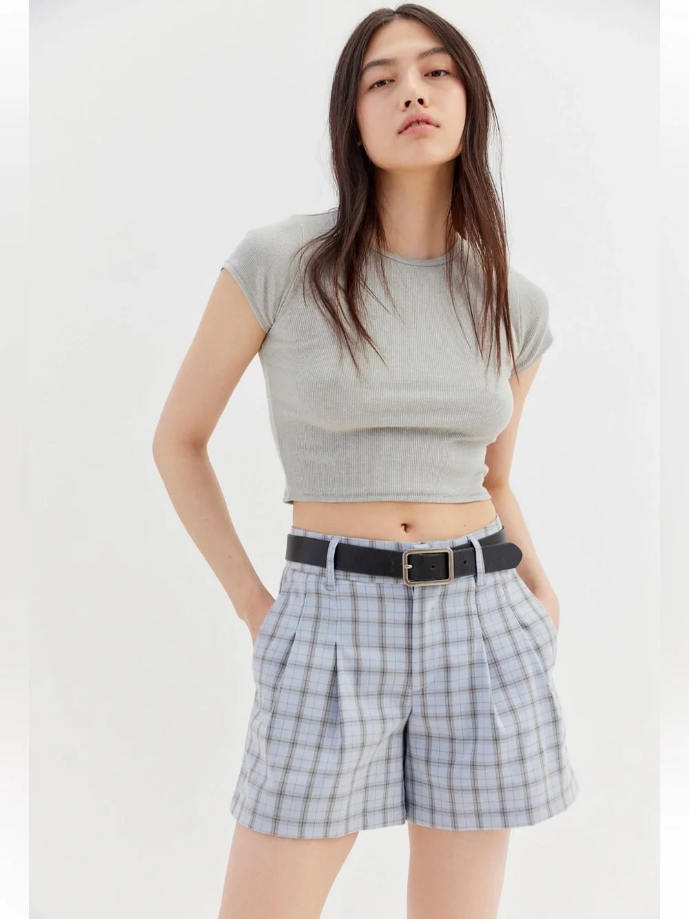 UO Light Blue Plaid High-Waist Shorts